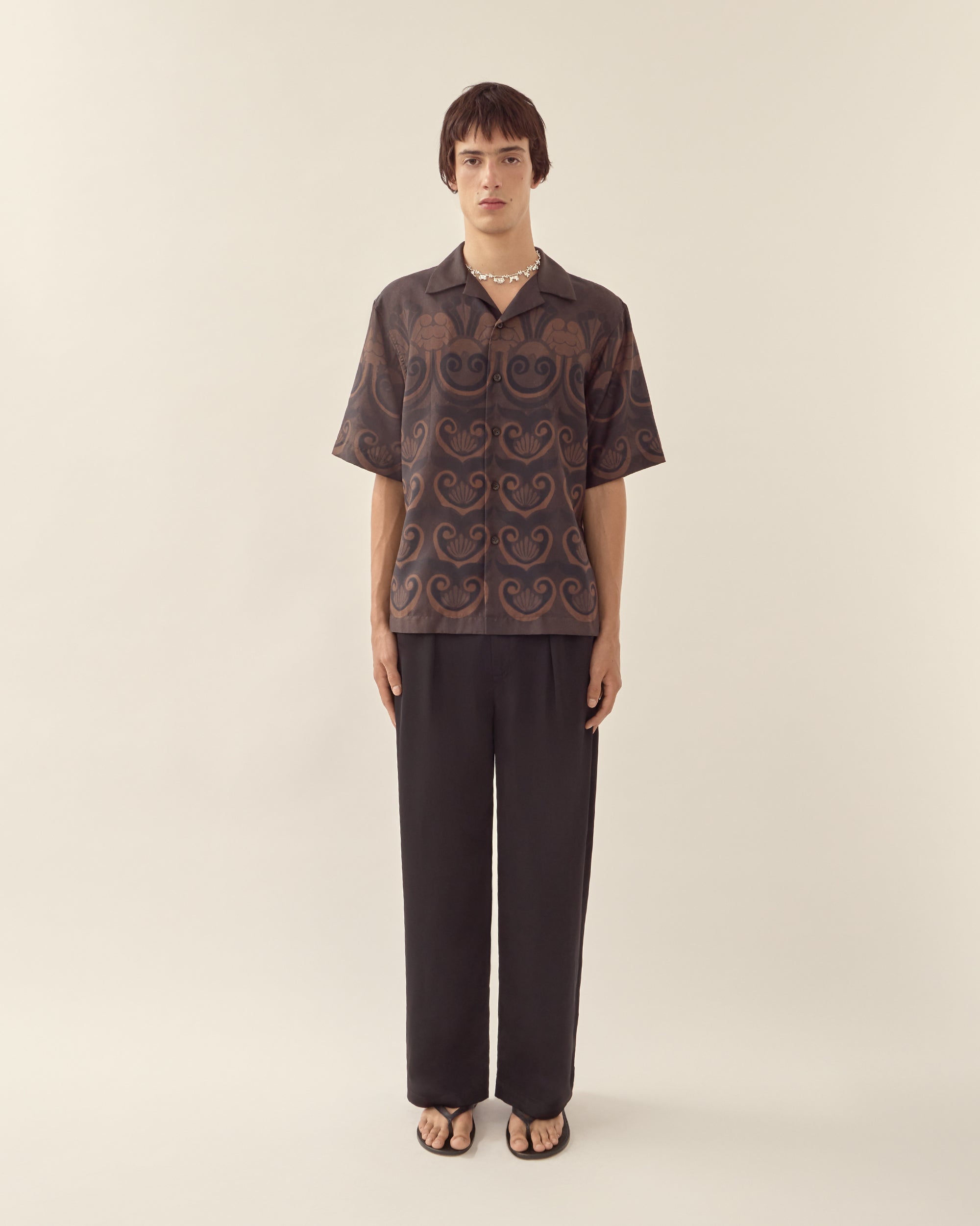 Painted Shell Silk Camp Collar Shirt Chocolate