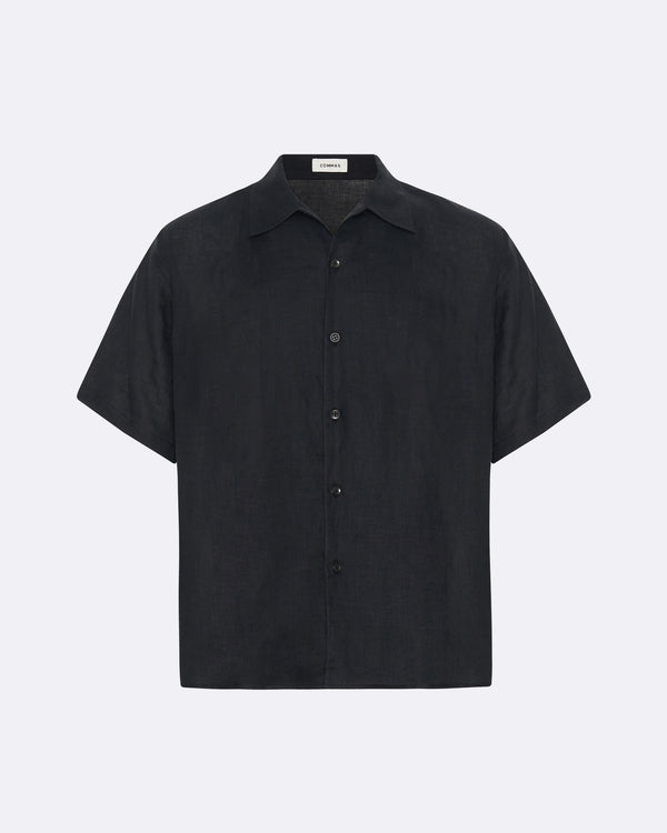 Black Short Sleeve Oversized Linen Shirt - COMMAS 