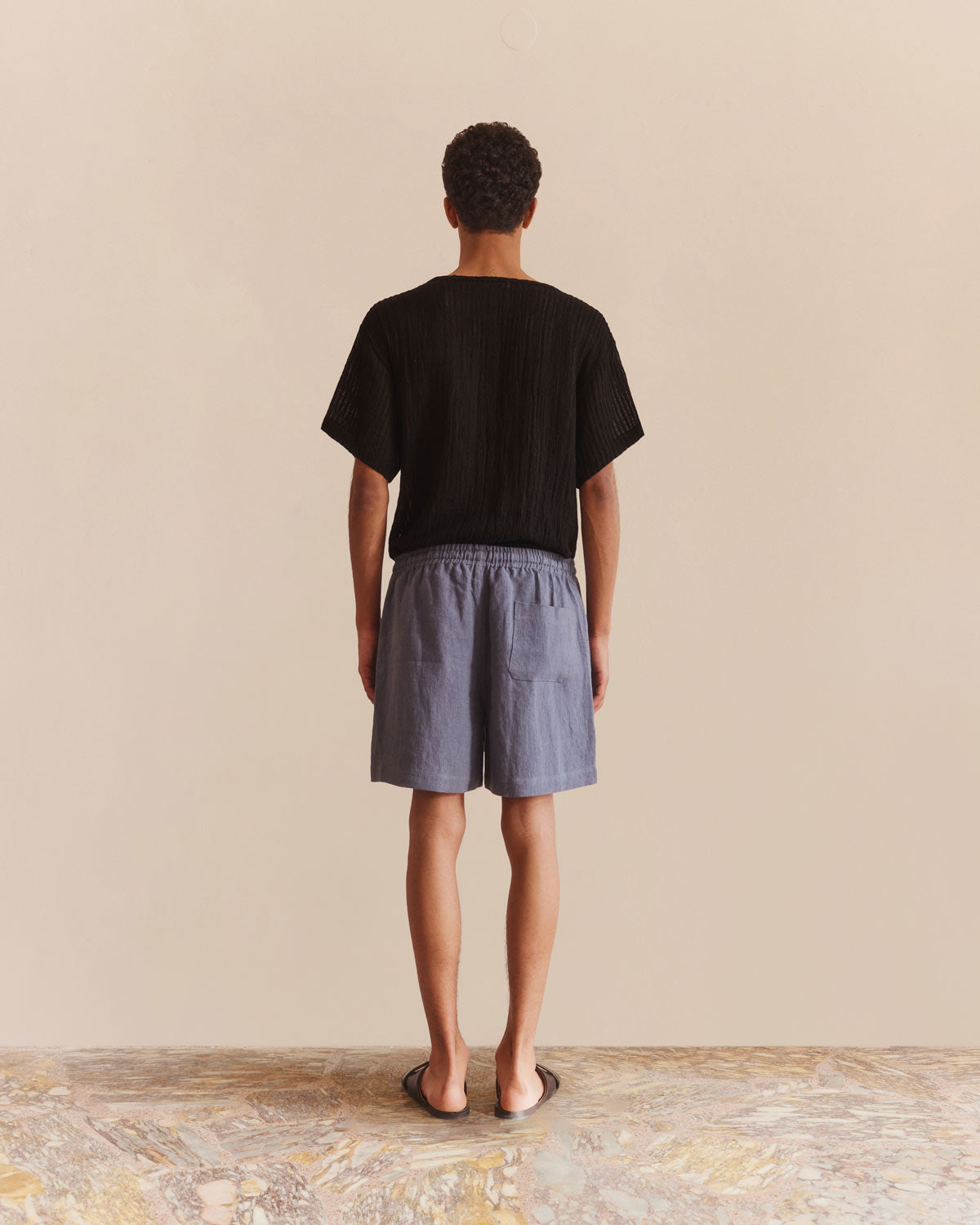 Sheer Stripe Linen Woven Tee Black - COMMAS