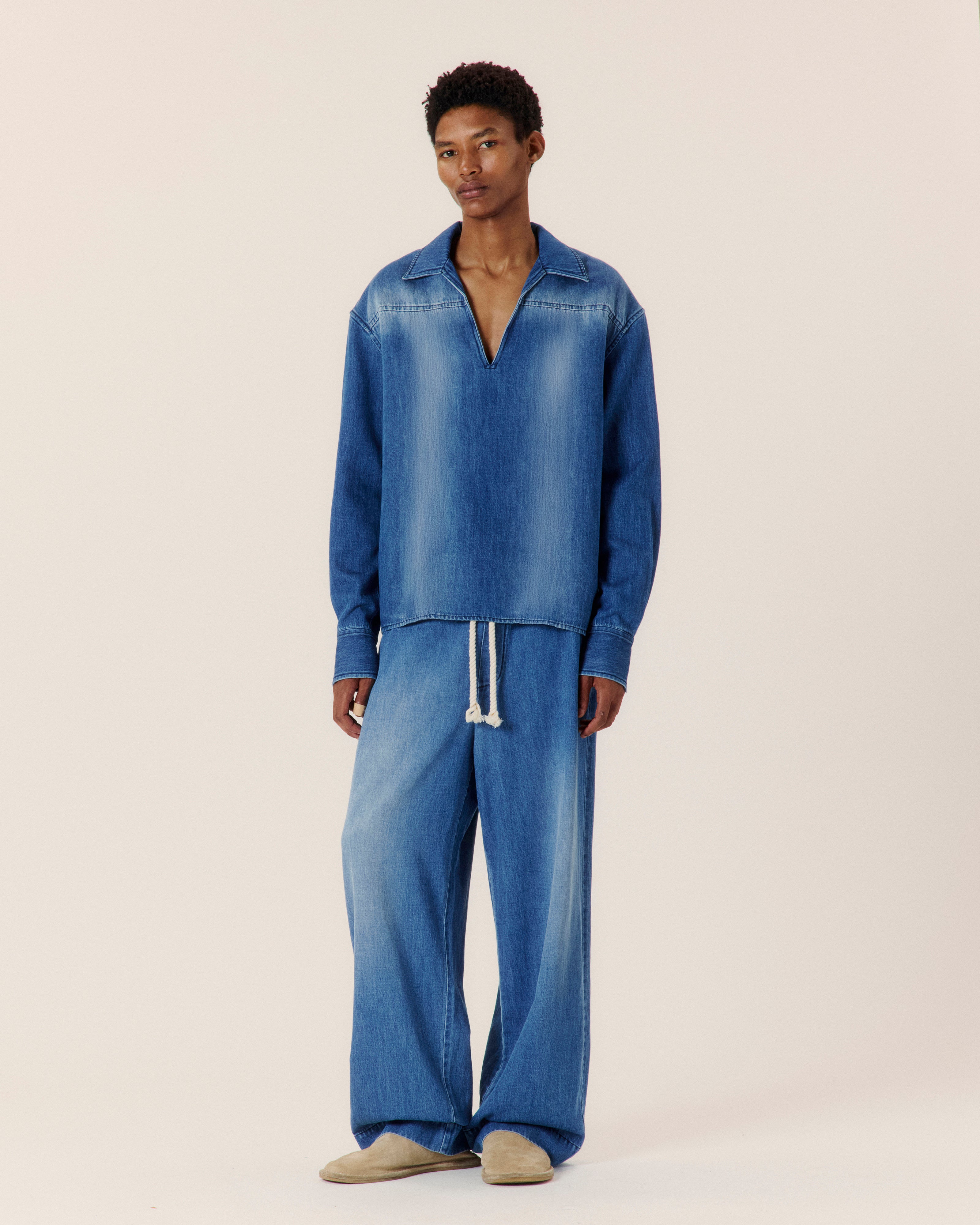 Cotton Hemp Denim Pop Over Shirt - COMMAS