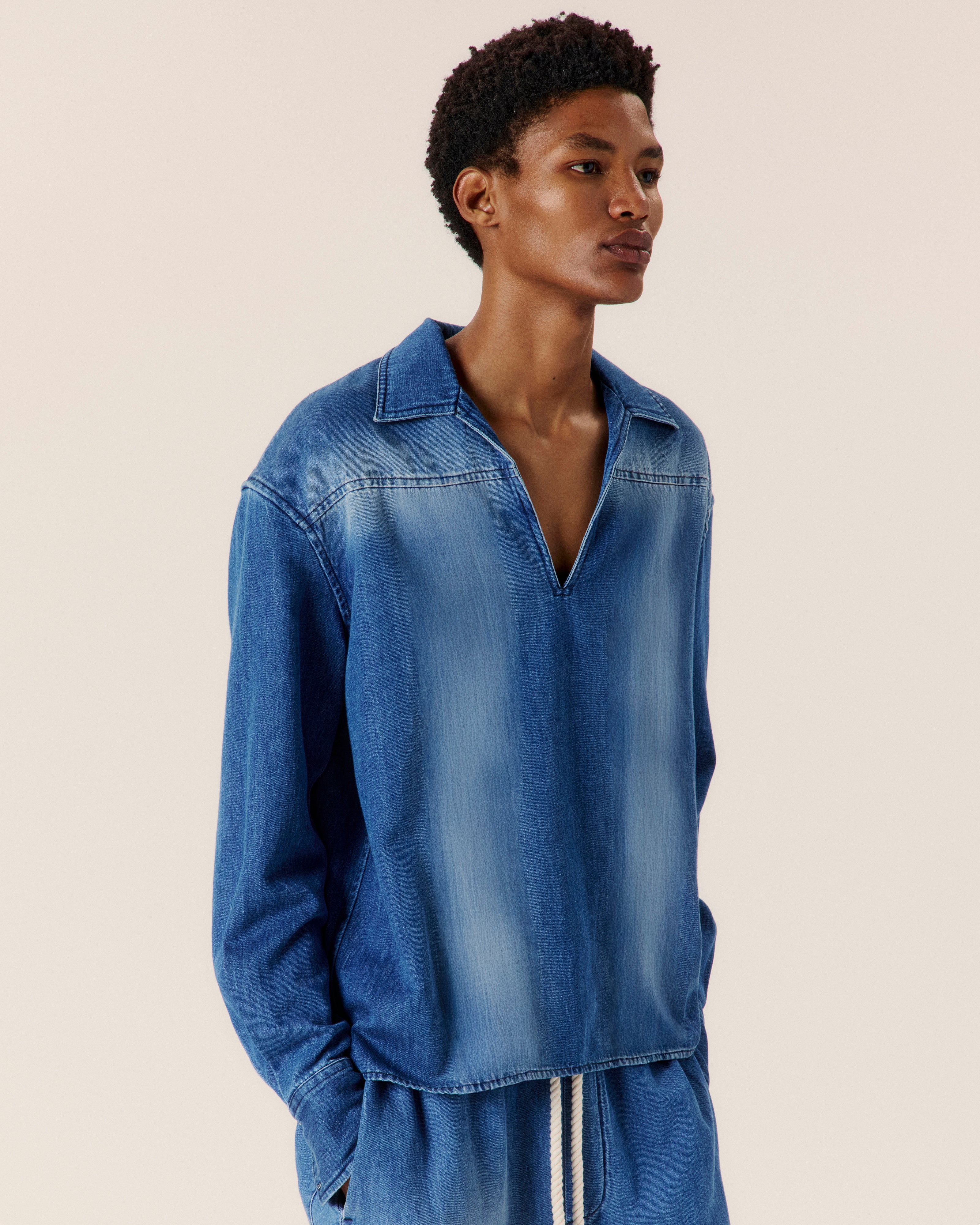 Cotton Hemp Denim Pop Over Shirt - COMMAS
