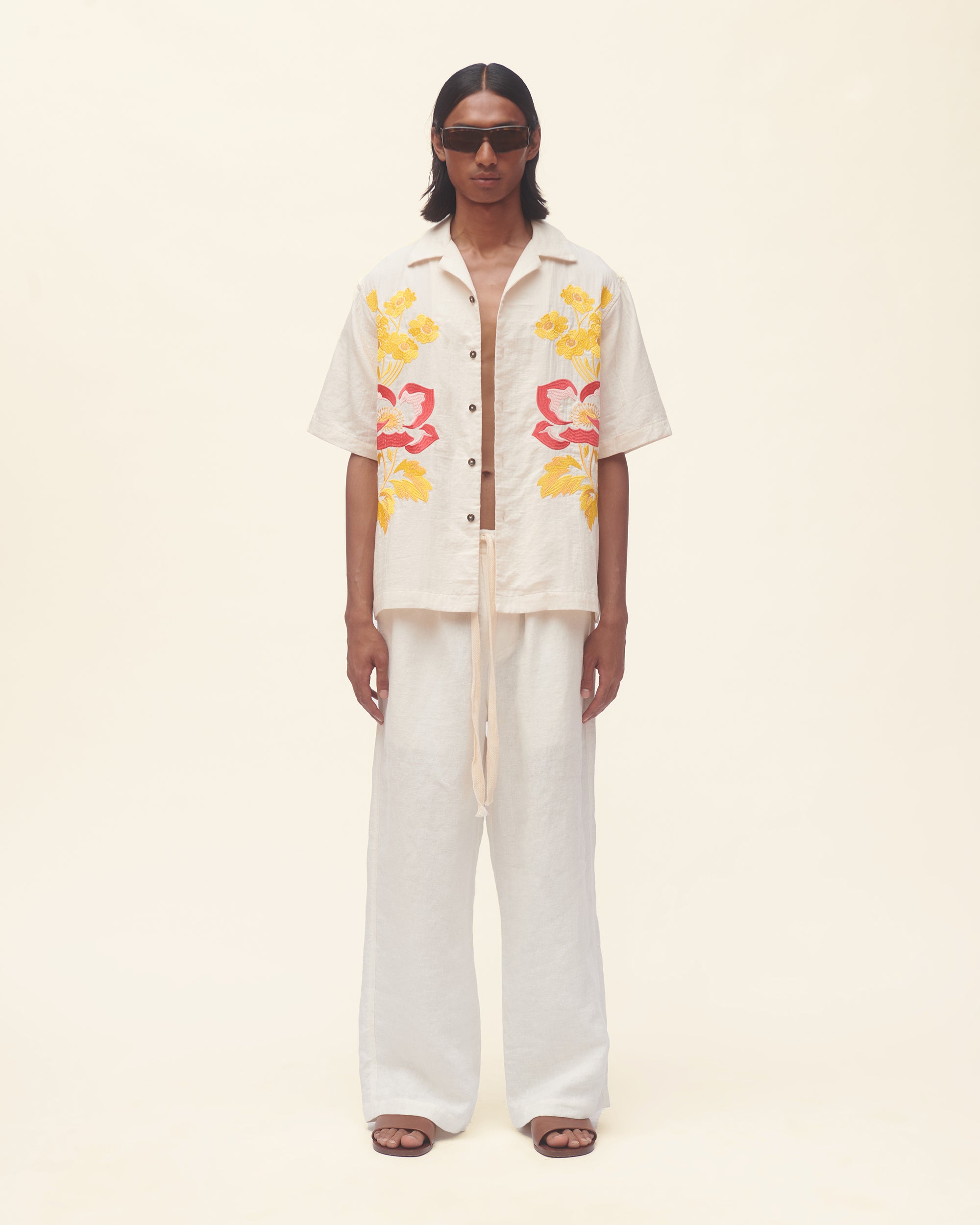 Embroidered Peonies Bowling Shirt White