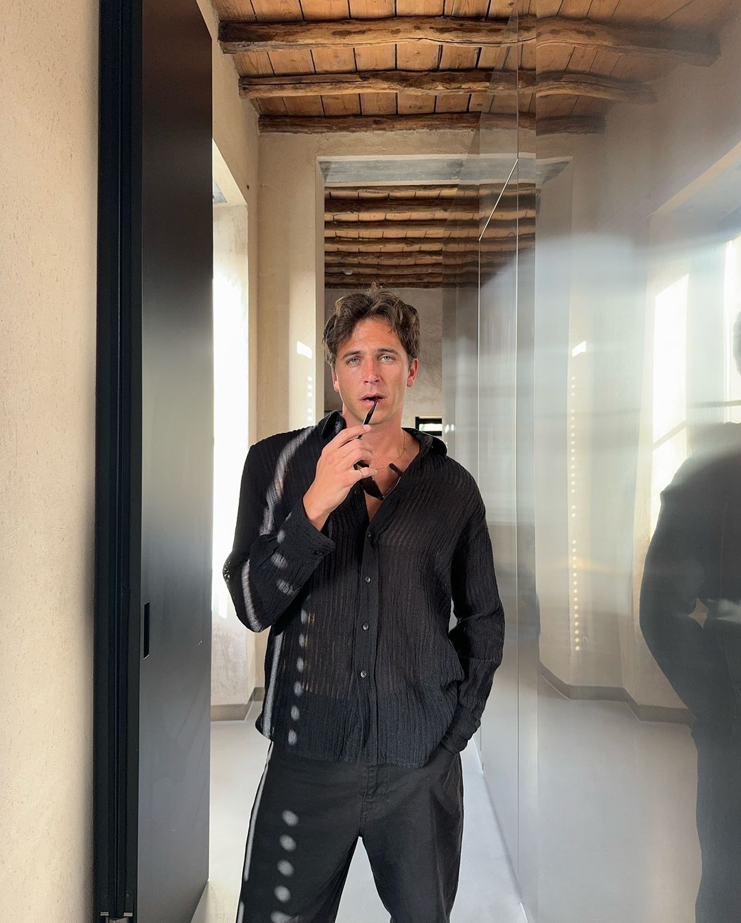 Sheer Stripe Linen Woven Shirt Black - COMMAS