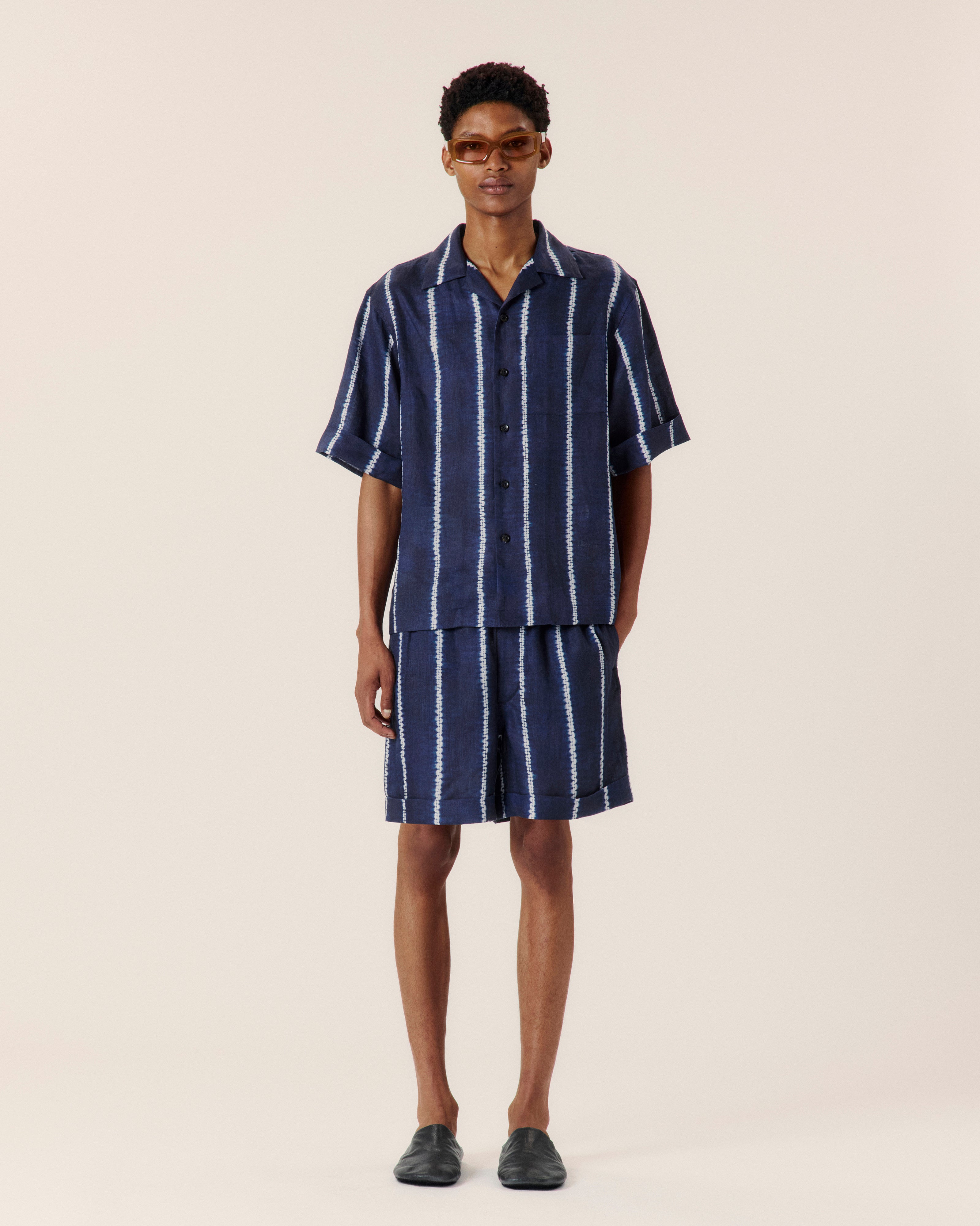 Shibori Stripe Cuffed Camp Collar Shirt Navy - COMMAS