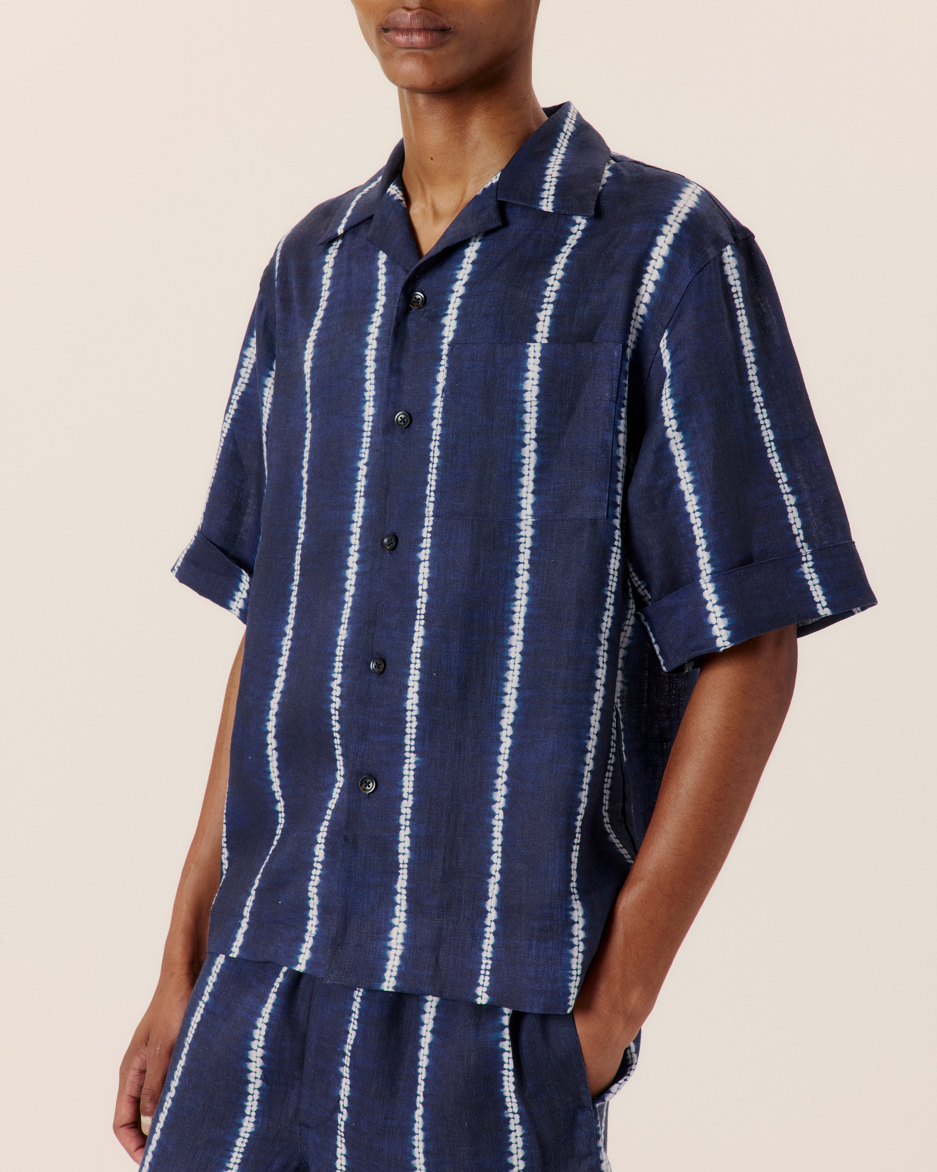 Shibori Stripe Cuffed Camp Collar Shirt Navy - COMMAS