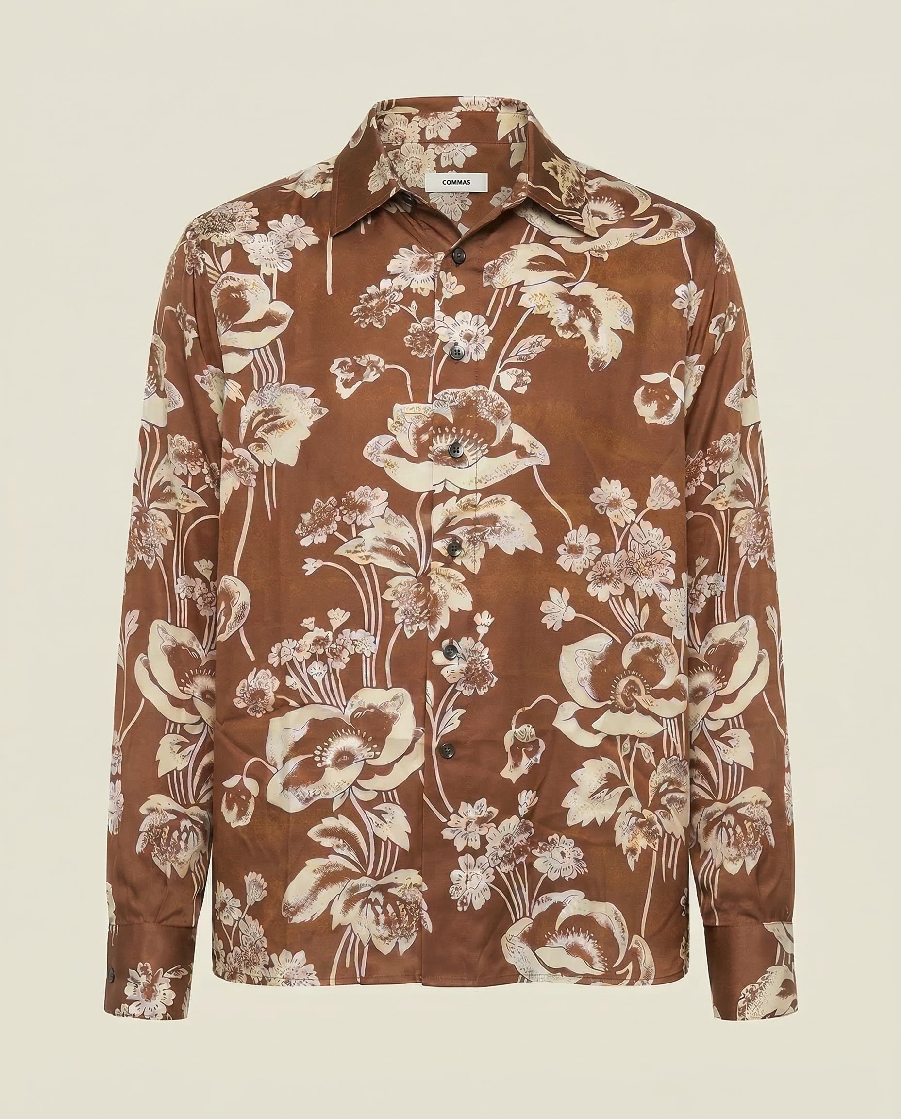 Painted Peonies Oversized Shirt Brown - COMMAS