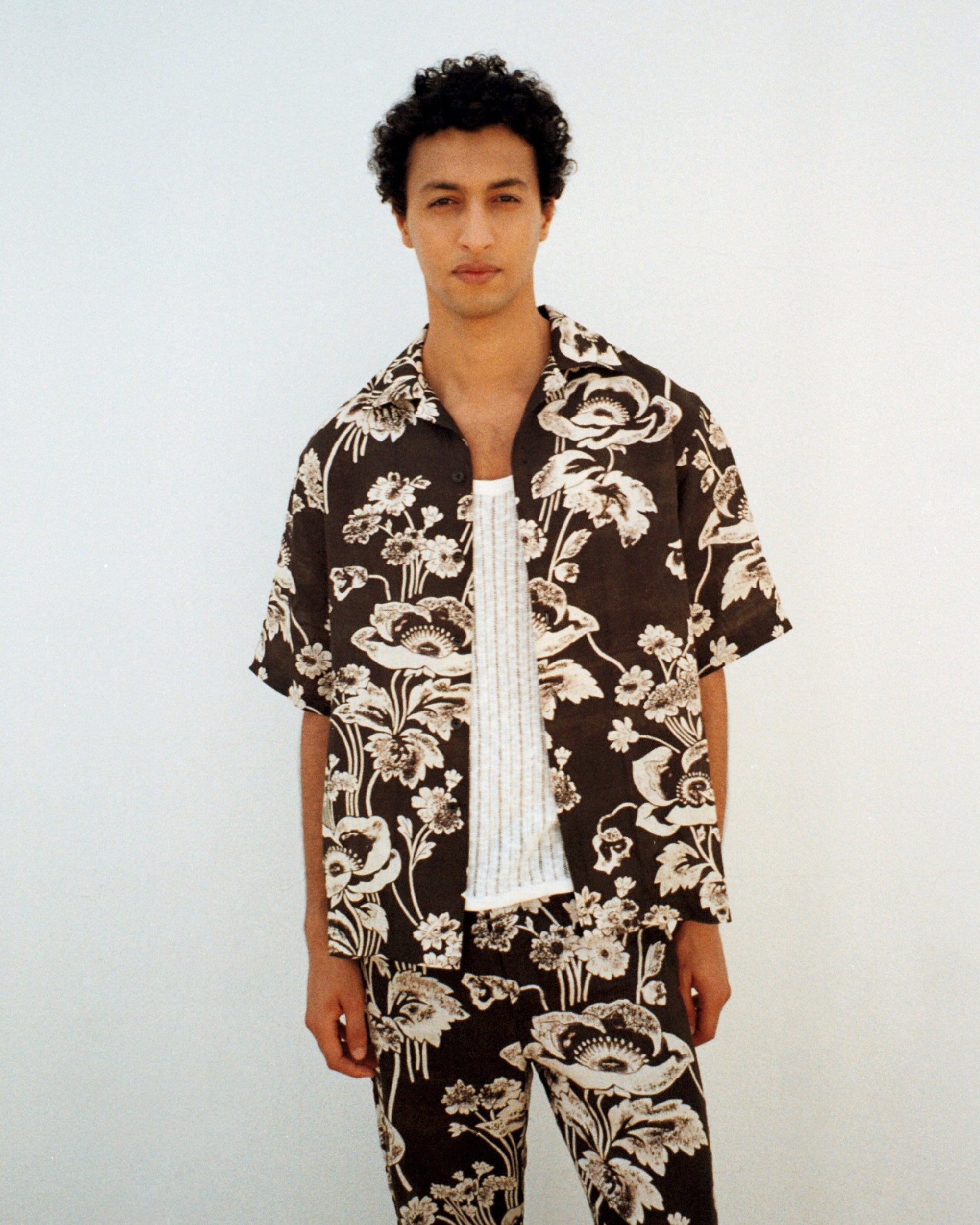 Painted Peonies Bowling Shirt Black