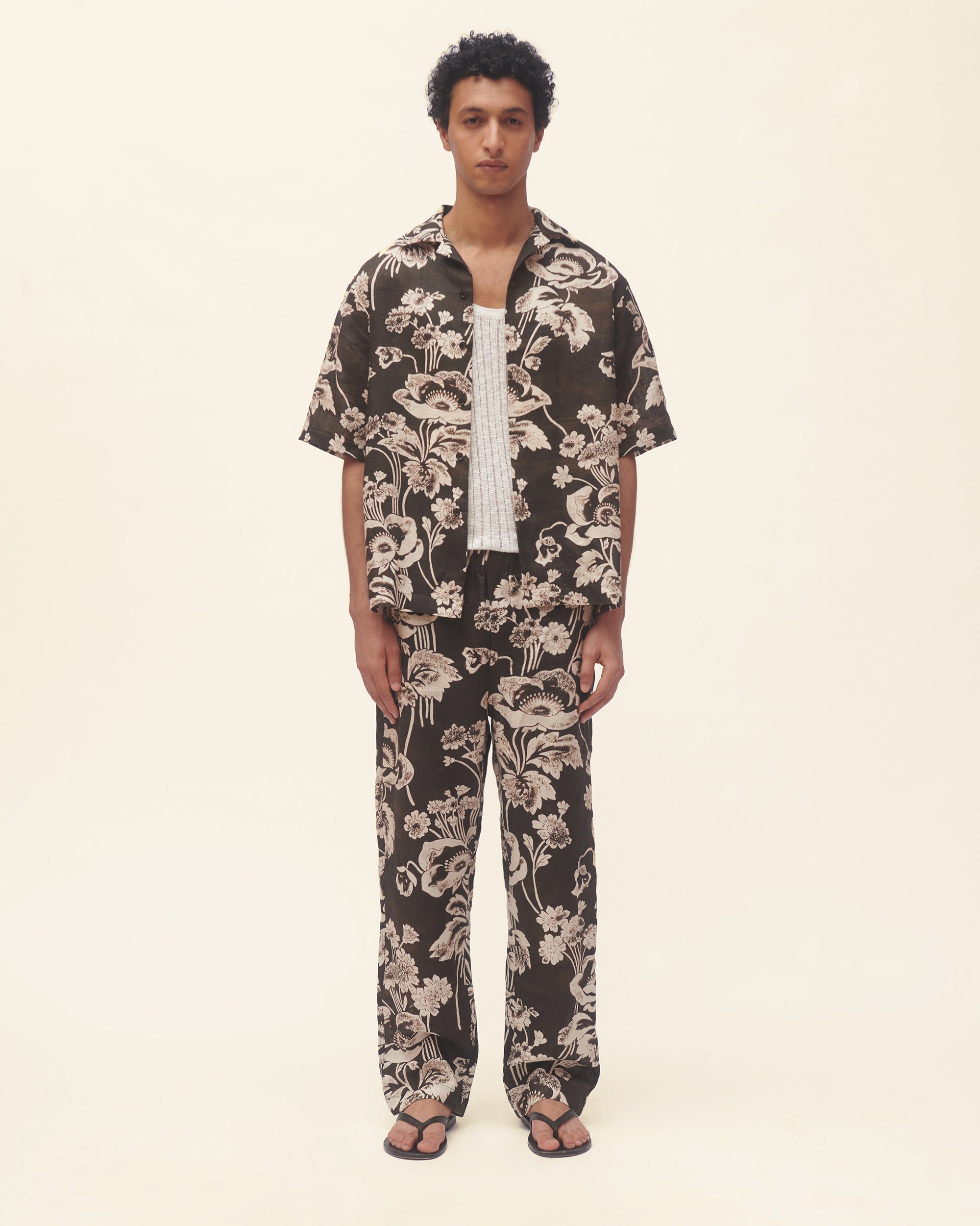 Painted Peonies Bowling Shirt Black