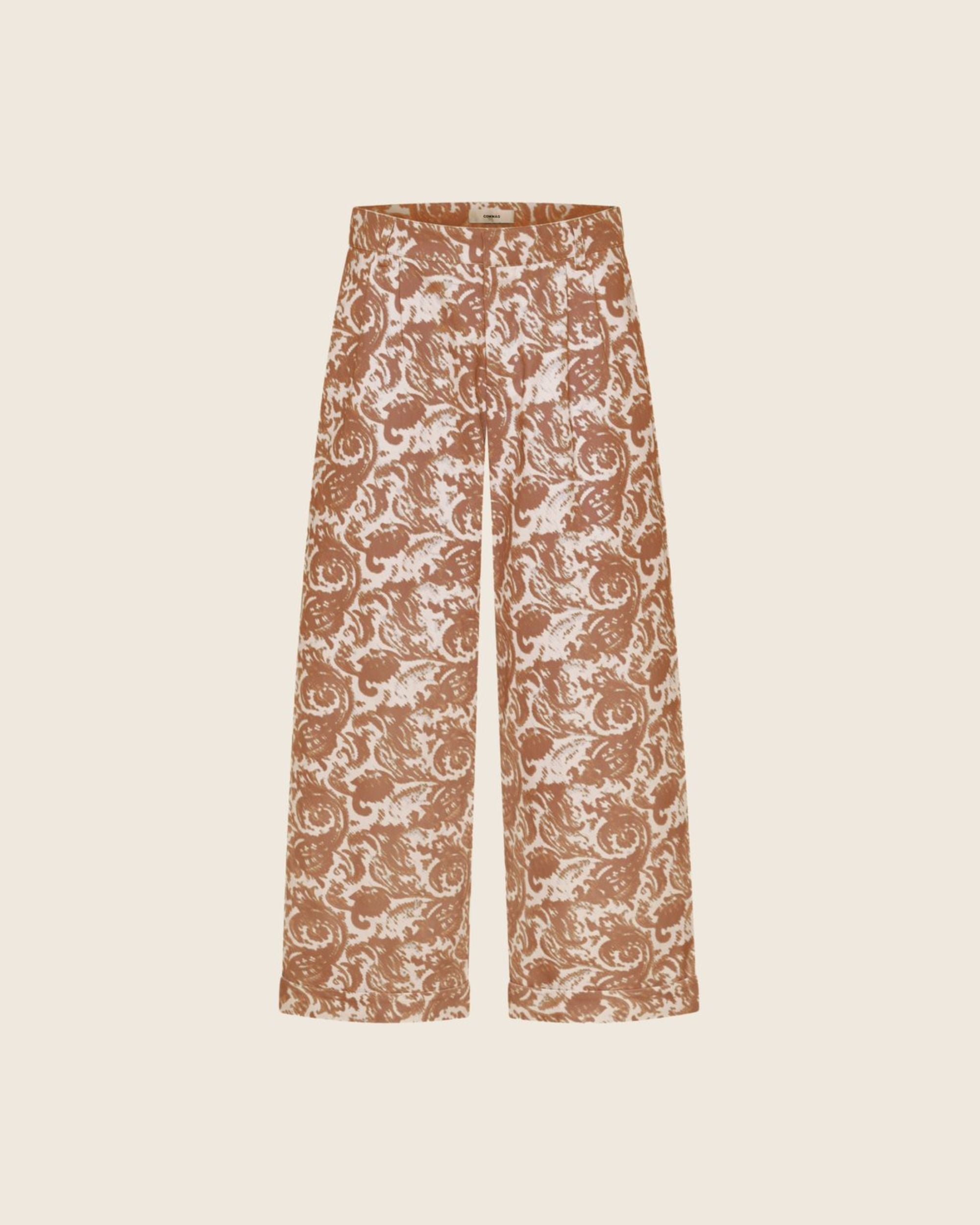 ghosted front image of paisley print trouser in coffee and cream