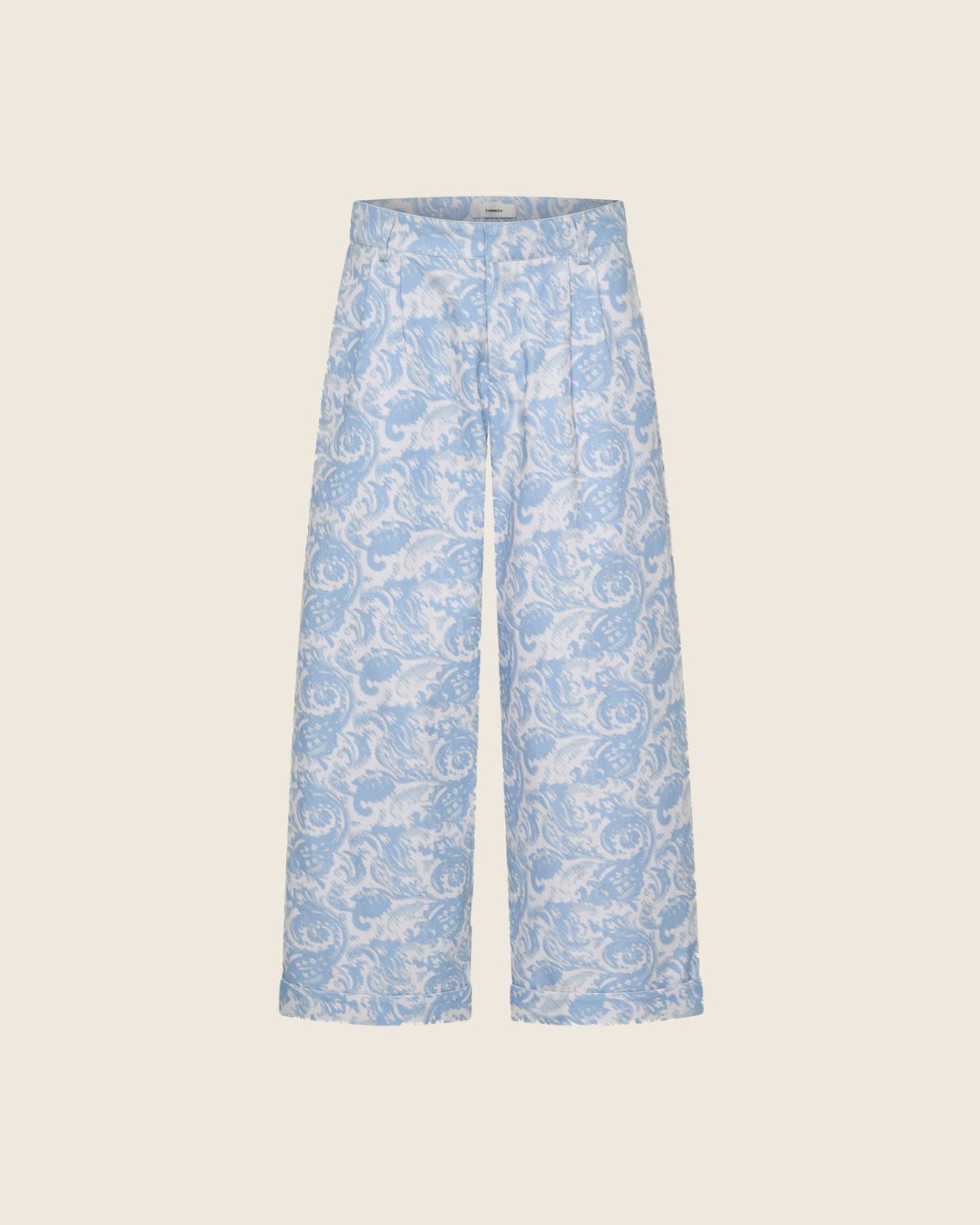 ghosted front image of paisley print trouser in light blue