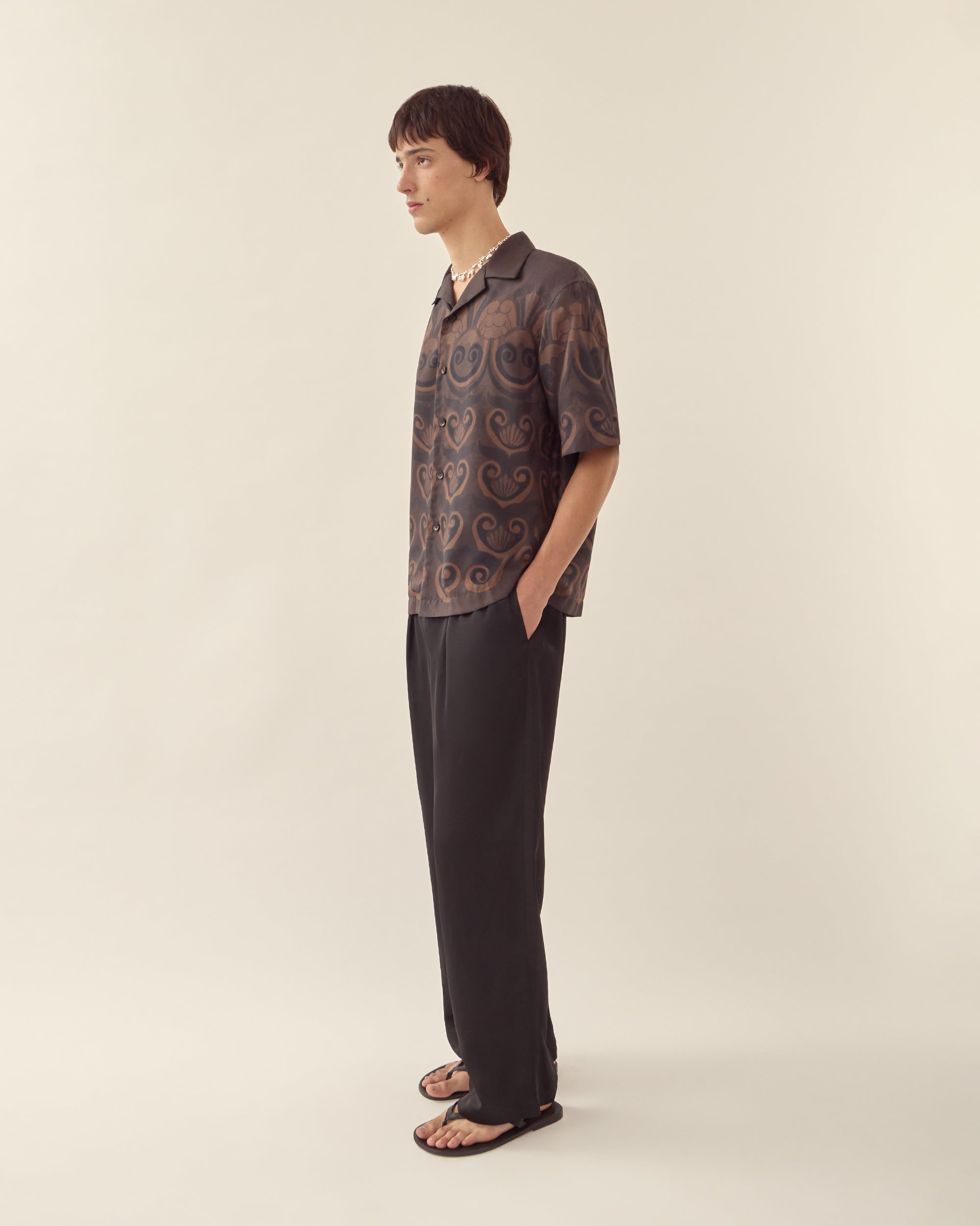 Painted Shell Silk Camp Collar Shirt Chocolate