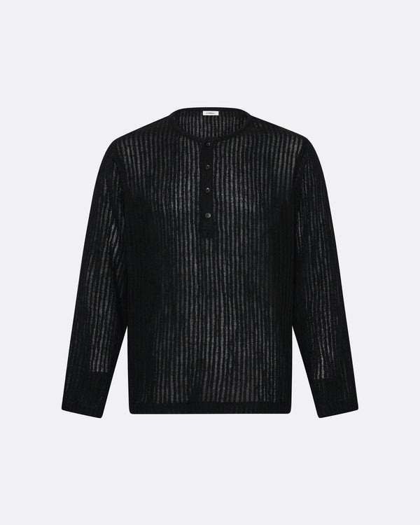 Sheer Stripe Black Woven Linen Henley