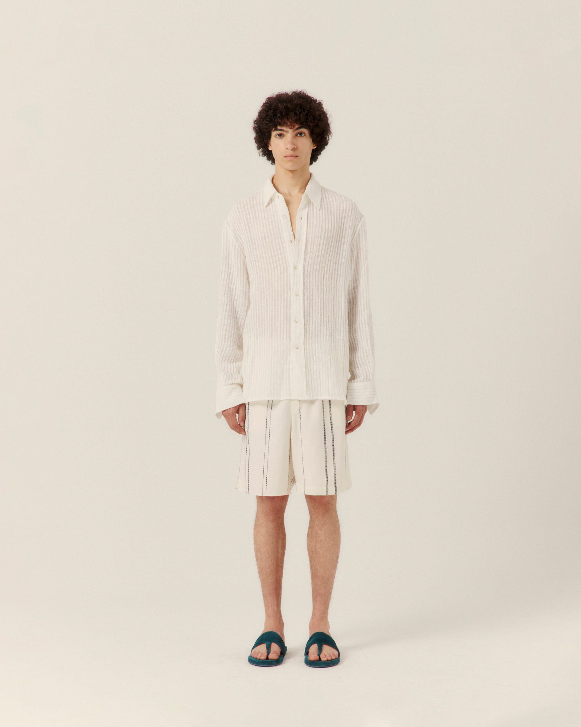 Sheer Stripe Linen Woven Shirt White