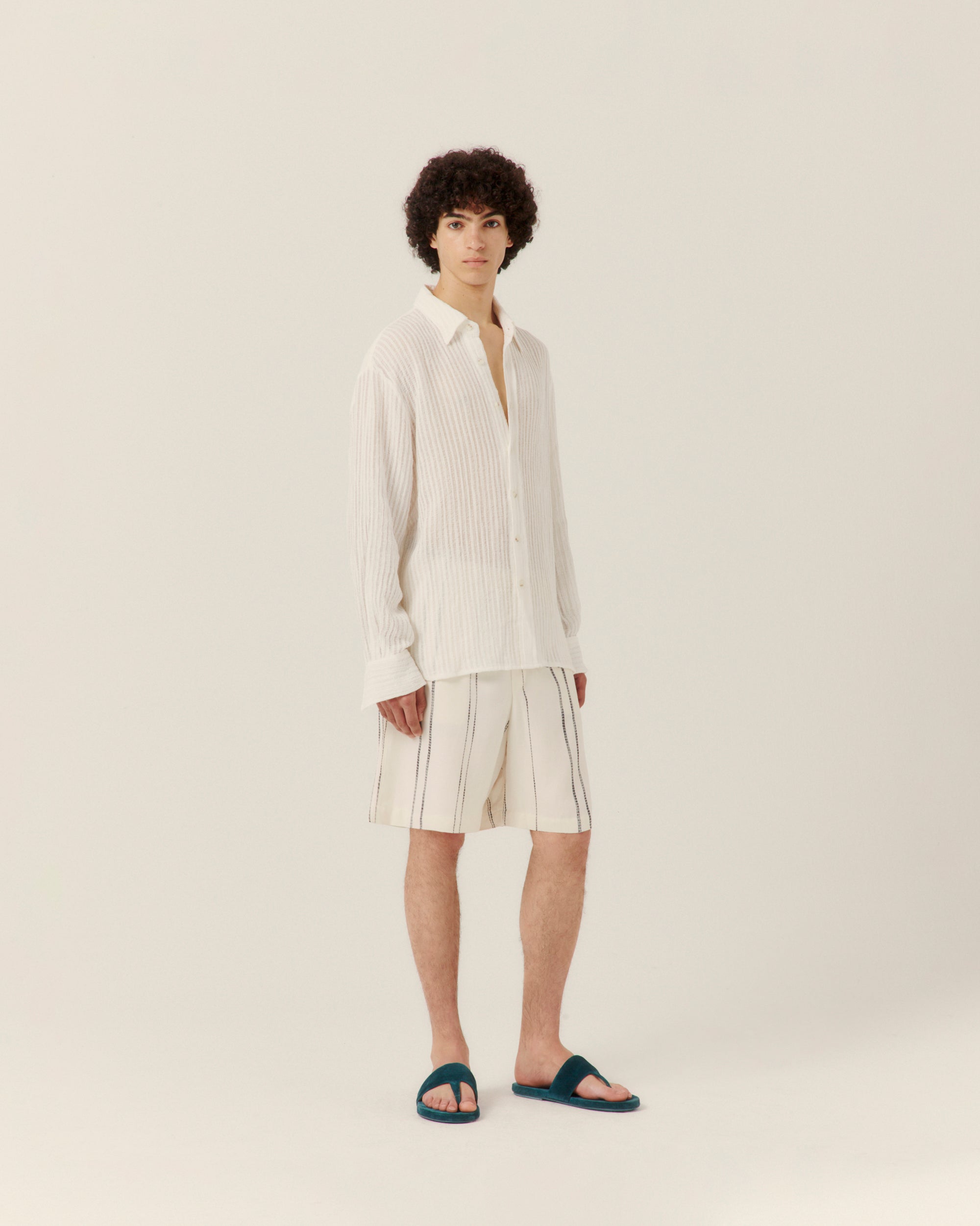 Sheer Stripe Linen Woven Shirt White