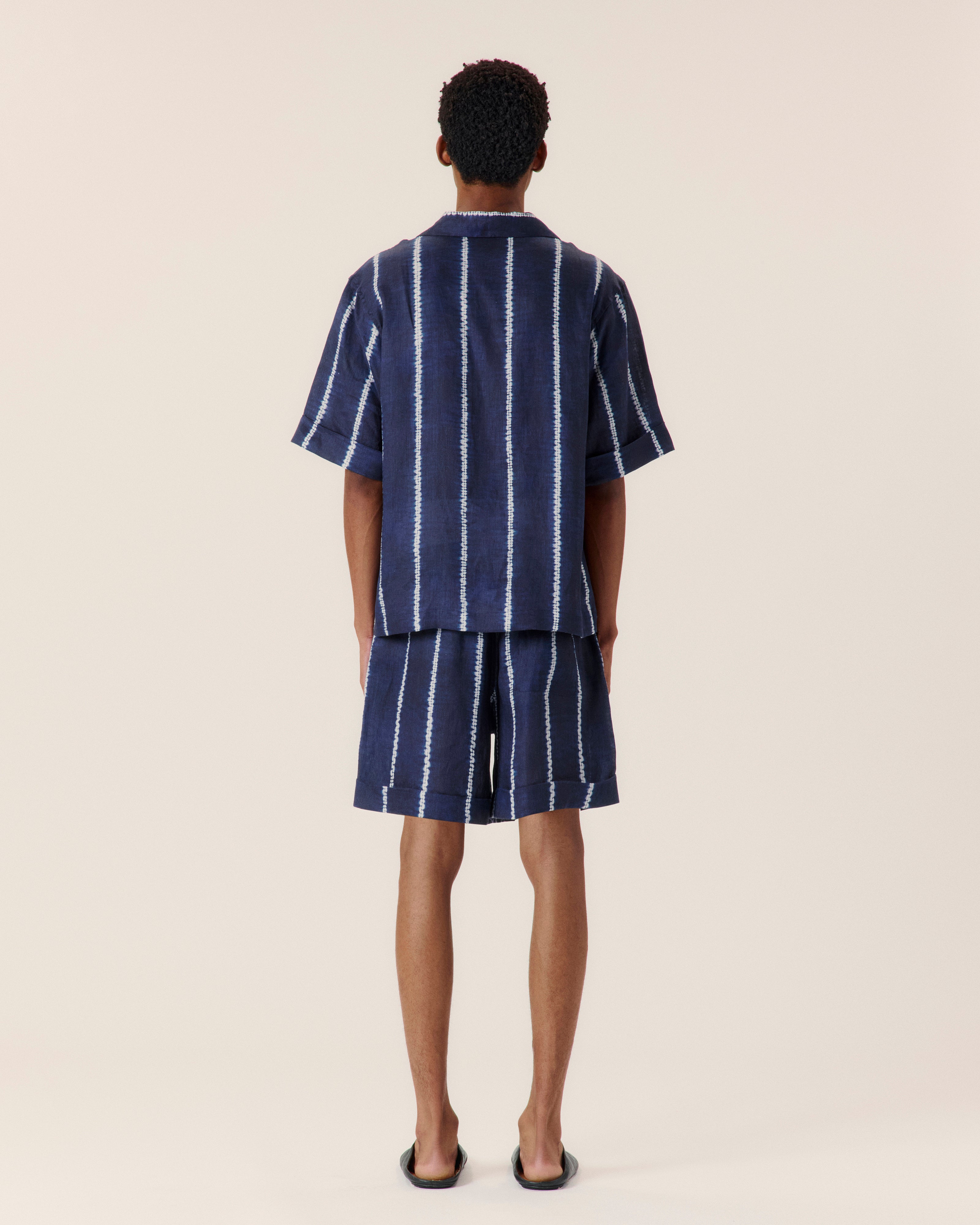 Shibori Stripe Cuffed Camp Collar Shirt Navy - COMMAS 
