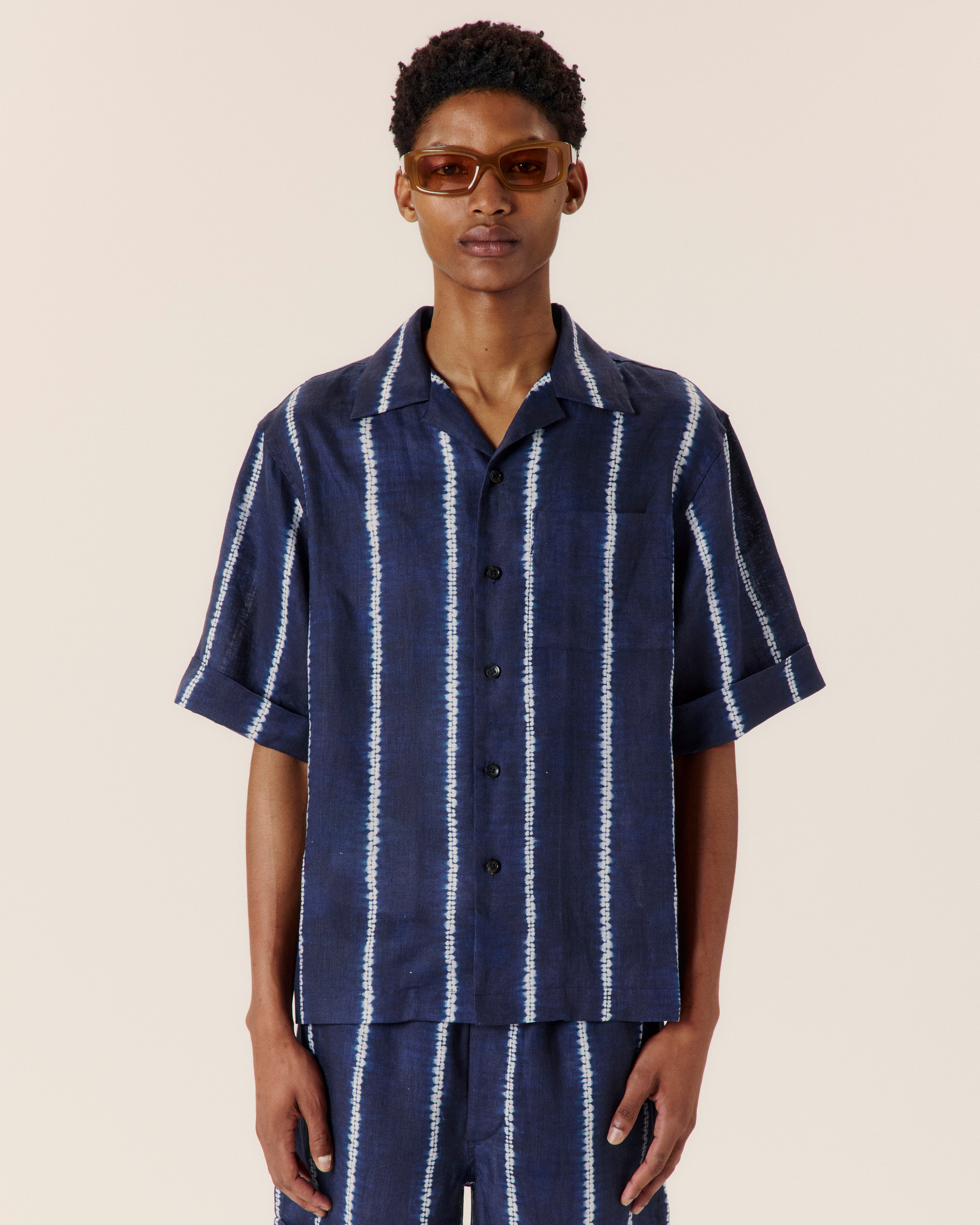 Navy Shibori Stripe Linen Camp Collar Shirt | COMMAS – Resortwear