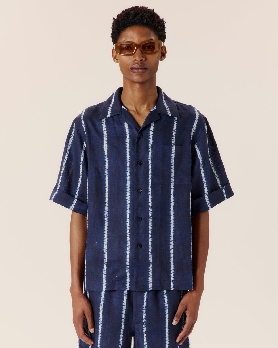 Shibori Stripe Cuffed Camp Collar Shirt Navy