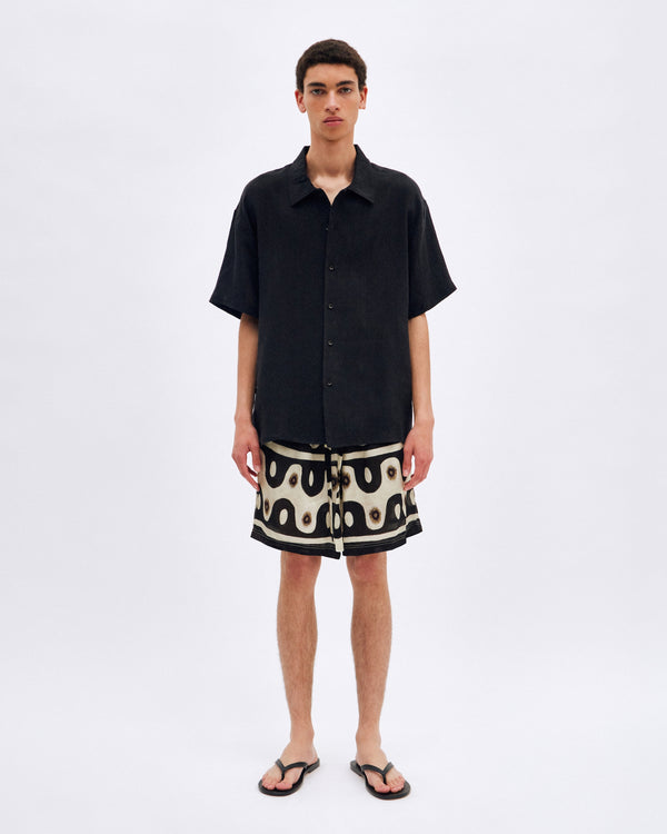 Black Oversized Short Sleeve Linen Shirt - COMMAS 