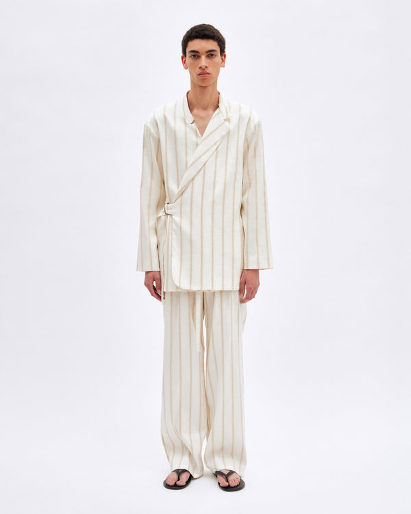 White Stripe Linen Robe Jacket - COMMAS 