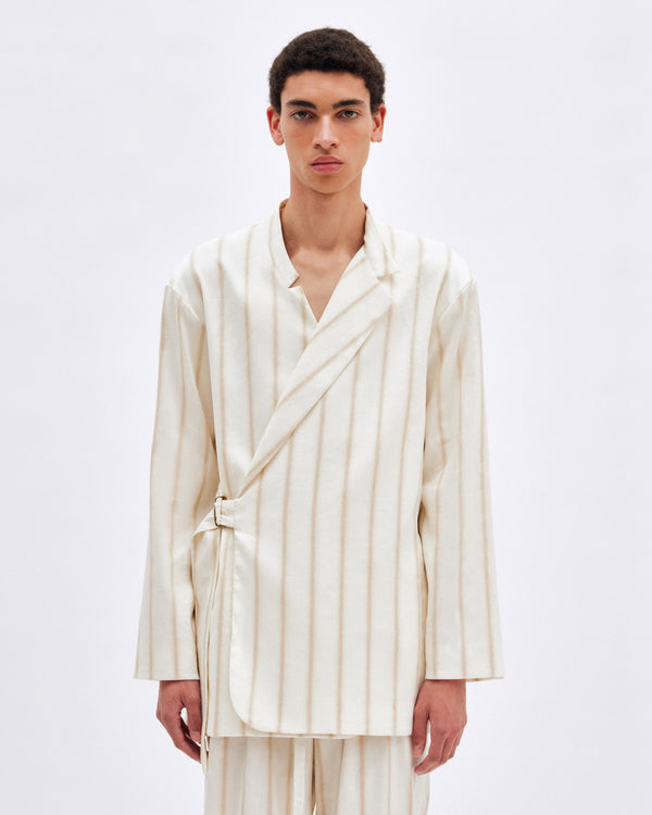 White Stripe Linen Robe Jacket