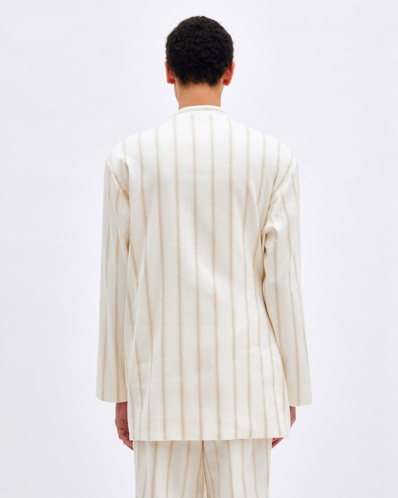 White Stripe Linen Robe Jacket - COMMAS 