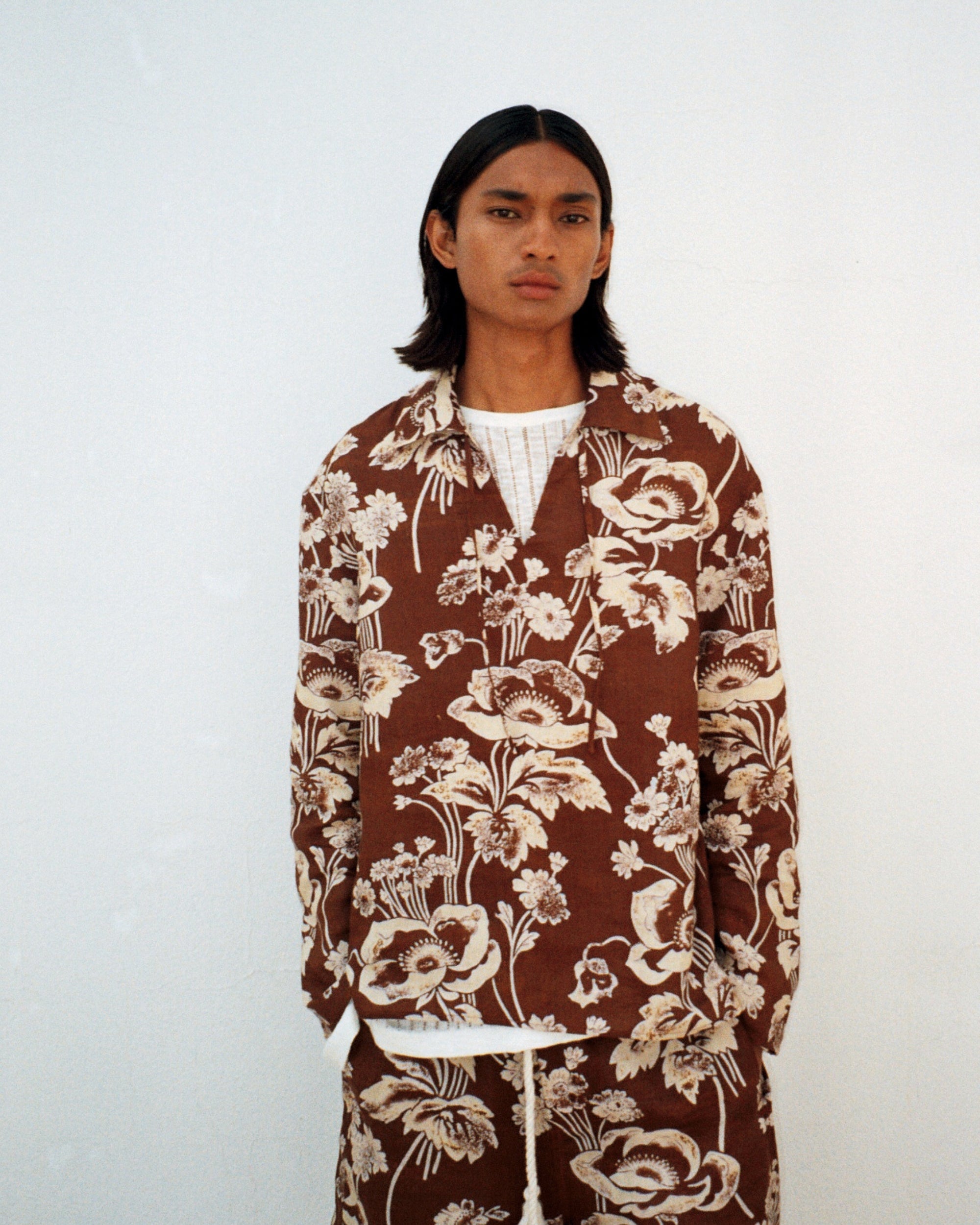 Painted Peonies Front Tie Shirt Red