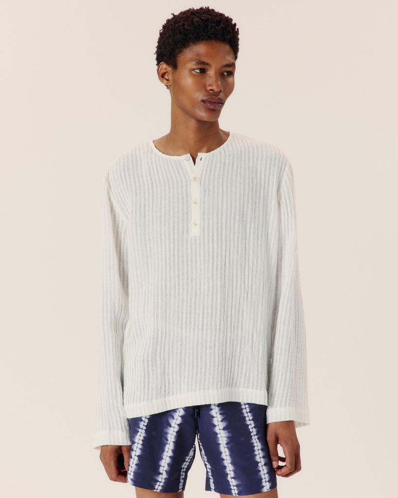 Sheer Stripe Linen Woven Henley - COMMAS 