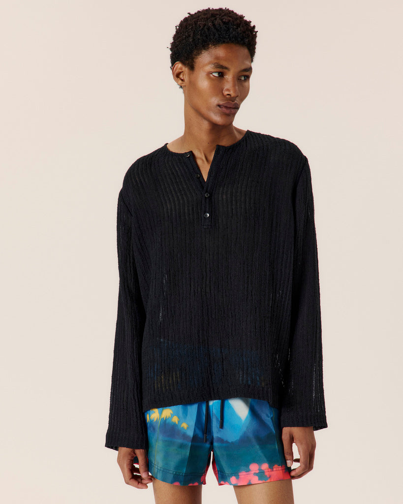 Sheer Stripe Linen Woven Henley - COMMAS 